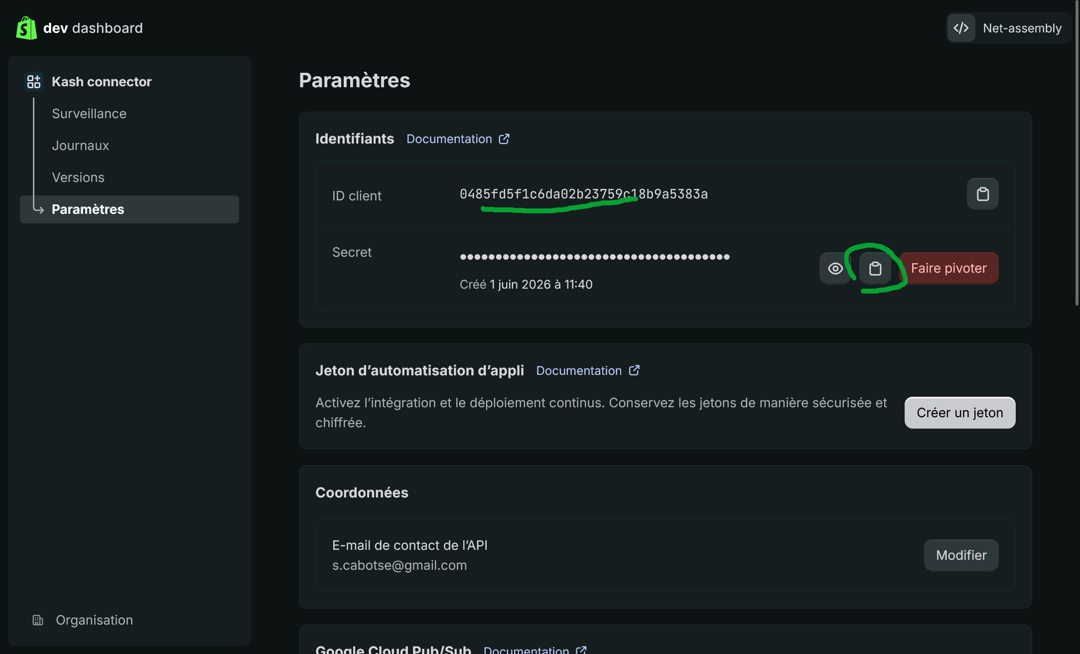 Identifiants API Shopify