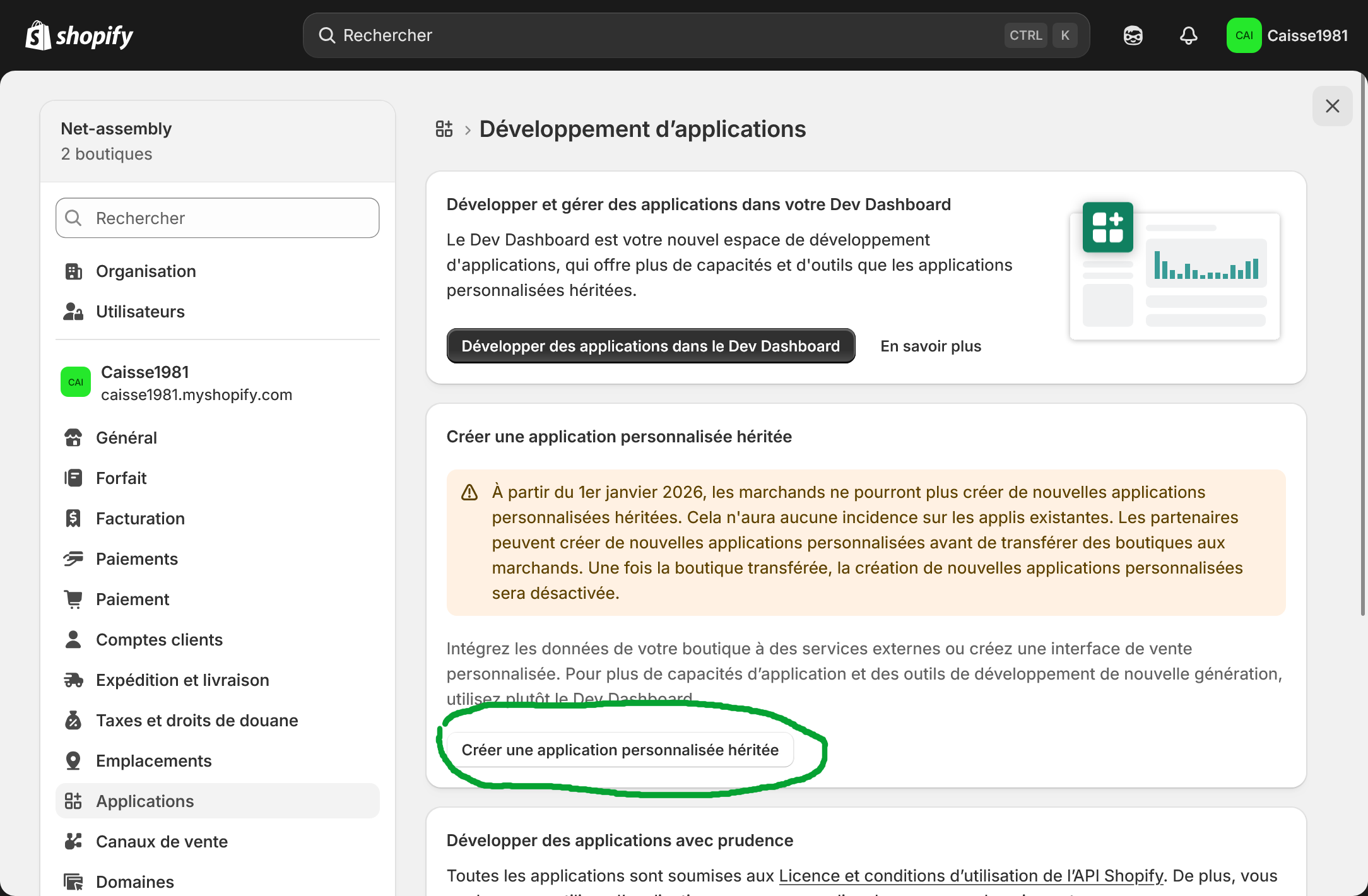Créer une application Shopify
