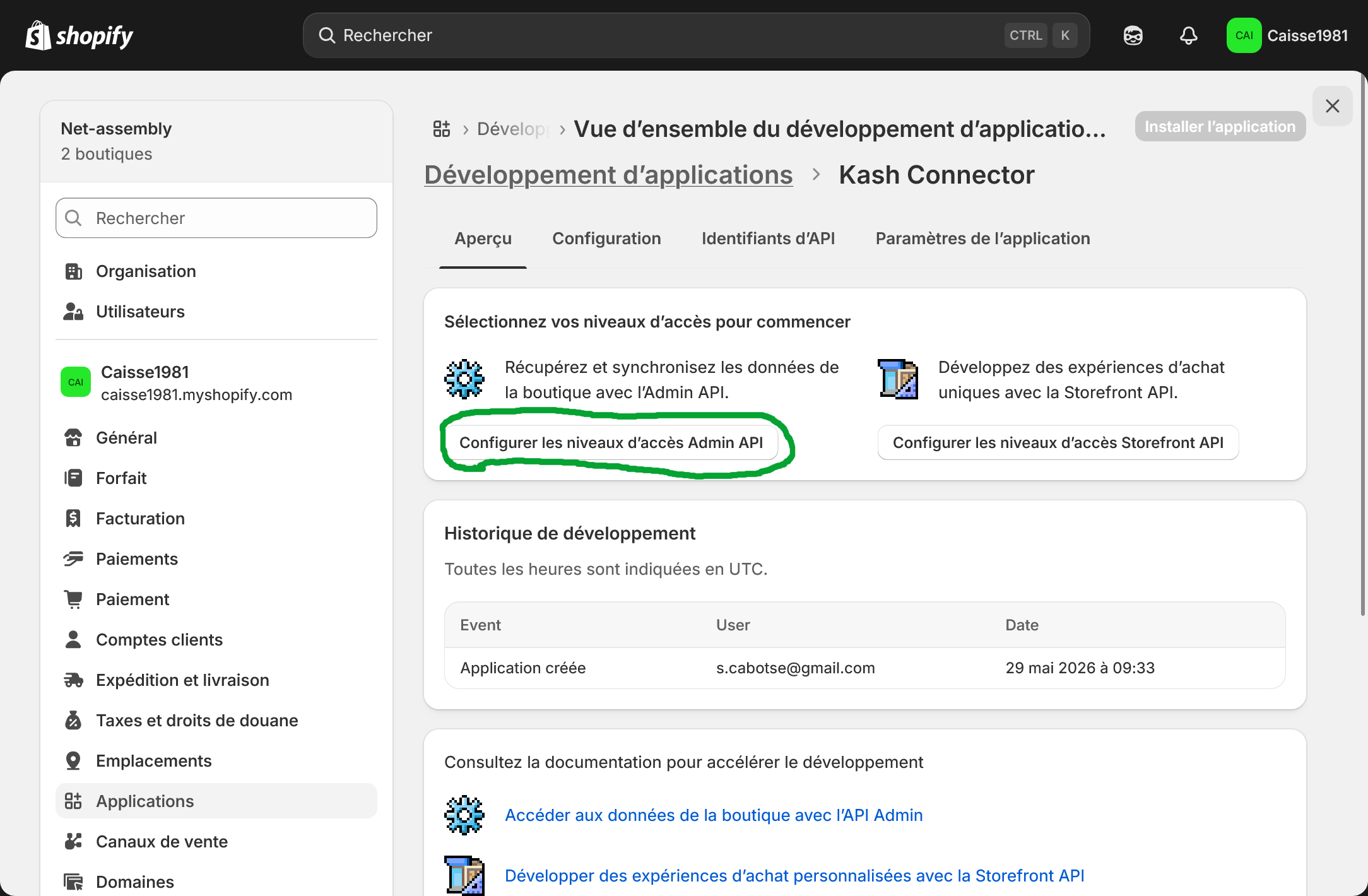 Configuration des autorisations Shopify