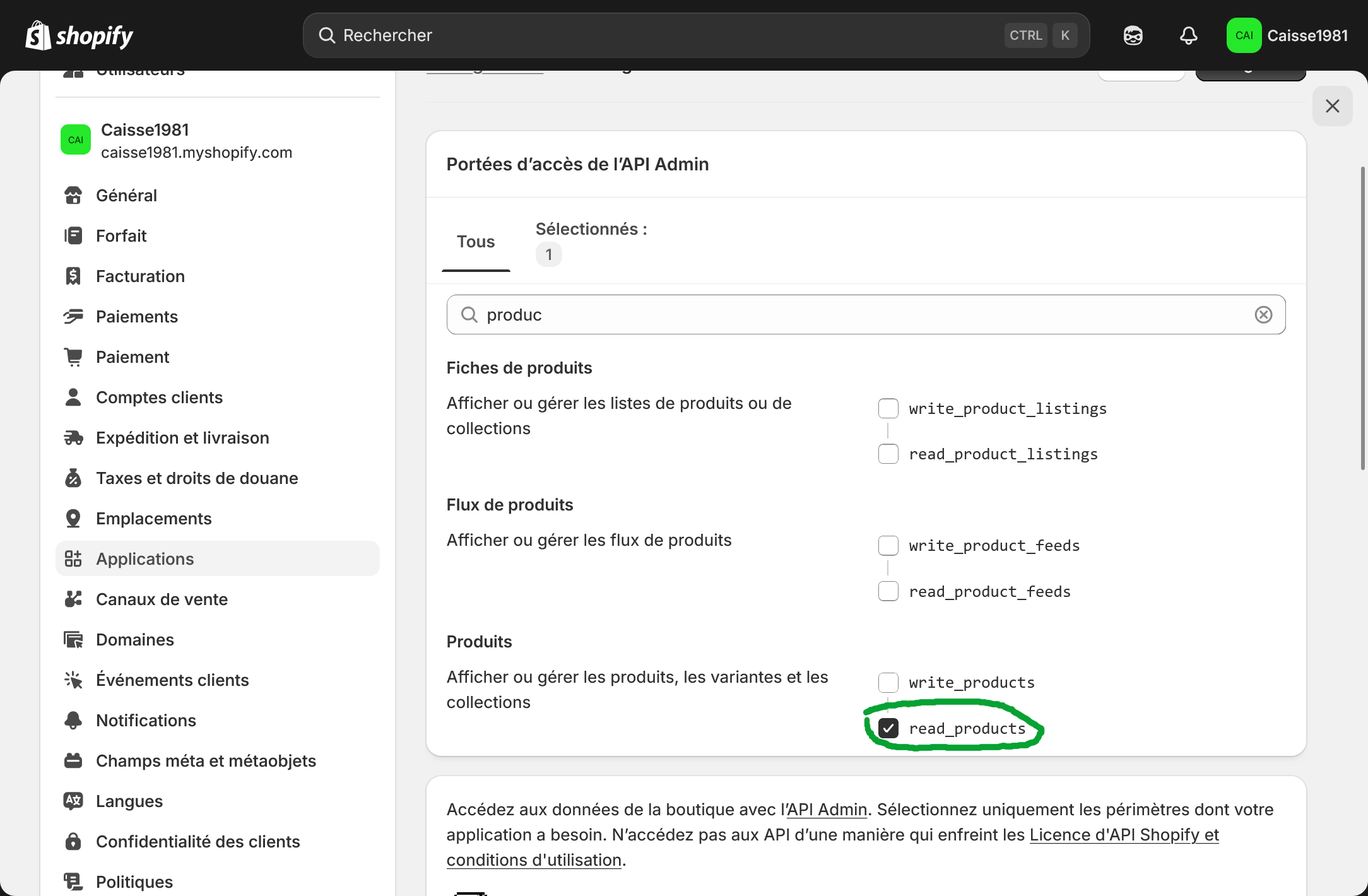 Autorisations Admin API Shopify