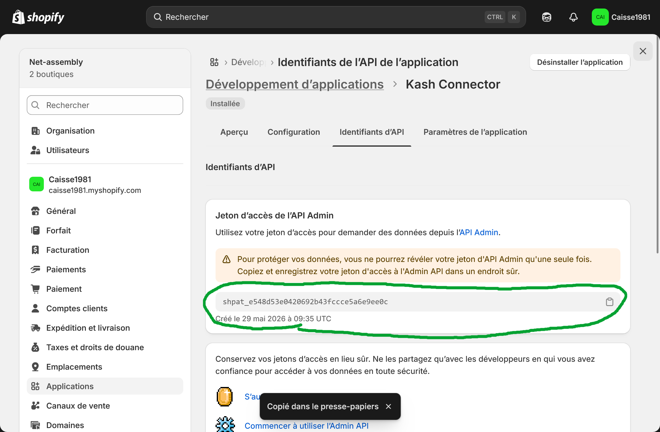 Copier le jeton Admin API Shopify